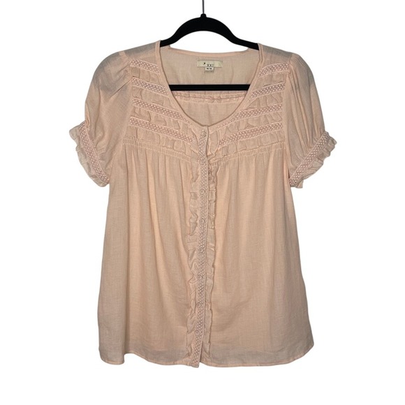 XXI Forever 21 Tops - XXI Forever 21 Blouse Womens M Peach Crochet Lace Ruffle Cotton Top Shabby Chic